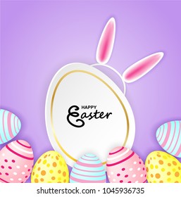 Happy easter. Celebration. Colorful easter egg and Bunny Headband on colorful pastels paper background with frame ,light and shadow . Vector.