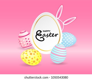 Happy easter. Celebration. Colorful easter egg and Bunny Headband on pastels  background with frame ,light and shadow . Vector.