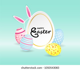 Happy easter. Celebration. Colorful easter egg and Bunny Headband on pastels  background with frame ,light and shadow . Vector.