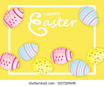 Happy easter. Celebration. Colorful easter egg  on pastels paper background with frame ,light and shadow . Vector.