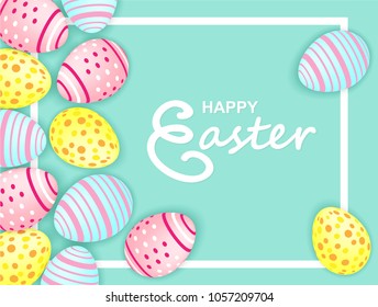 Happy easter. Celebration. Colorful easter egg  on pastels paper background with frame ,light and shadow . Vector.