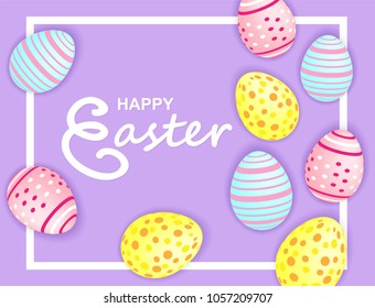 Happy easter. Celebration. Colorful easter egg  on pastels paper background with frame ,light and shadow . Vector.