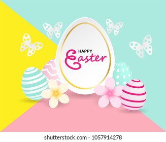 Happy easter. Celebration. Colorful easter egg , flowers and paper art butterflies on colorful pastels paper background with frame ,light and shadow . Vector.