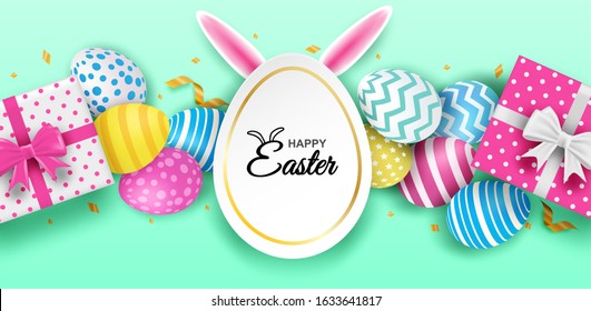 Happy easter. Celebration. Colorful easter egg and bunny ears on mint green background. light and shadow . Vector. illustration.