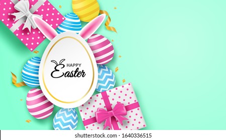 Happy easter. Celebration. Colorful easter egg and bunny ears on mint green background. light and shadow . Vector. illustration.