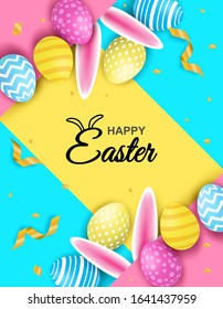Happy easter. Celebration. Colorful easter egg and bunny ears on colorful paper background. light and shadow . Vector. illustration.
