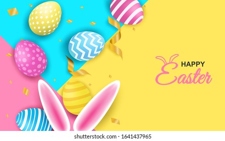 Happy easter. Celebration. Colorful easter egg and bunny ears on colorful paper background. light and shadow . Vector. illustration.
