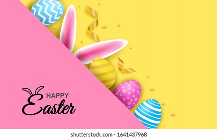 Happy easter. Celebration. Colorful easter egg and bunny ears on colorful paper background. light and shadow . Vector. illustration.
