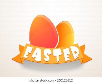 Happy Easter celebration with colorful glossy eggs and orange ribbon on abstract background.