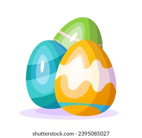 Happy Easter Celebration. Colorful greeting card with Easter eggs decorated in traditional ornaments. Egg hunting. Christian holiday. Cartoon flat vector illustration isolated on white background