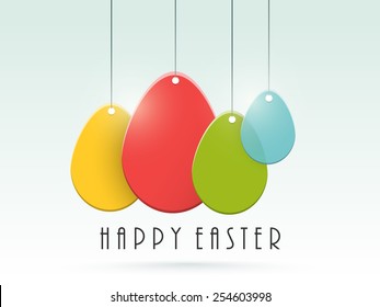 Happy Easter celebration with colorful hanging eggs on sky blue background.