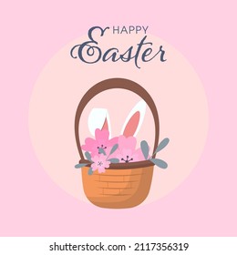 Happy Easter Celebration Concept With Bunny Ears And Flowers In Basket On Pink Background.