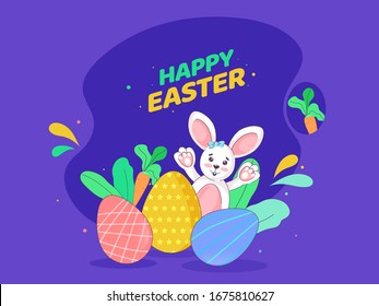 Happy Easter Celebration Concept with Cartoon Funny Bunny, Painted Eggs, Leaves and Carrot on Purple Background.