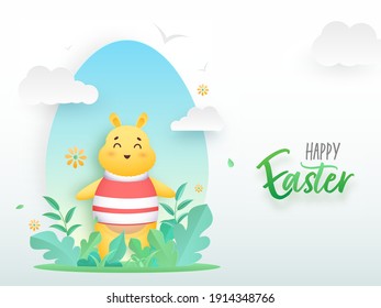 Happy Easter Celebration Concept With Cartoon Rabbit Character And Paper Cut Leaves On White Background.