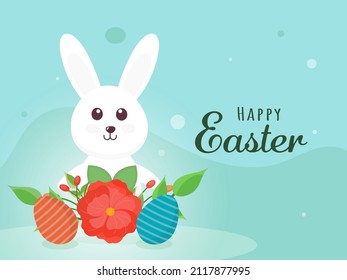 Feliz Concepto De Celebración De Pascua Con Conejito De Caricatura, Huevos Impresos Y Floral Sobre El Fondo Verde.