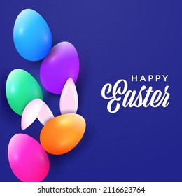 Happy Easter Celebration Concept With Colorful Glossy Eggs And Bunny Ear On Blue Background.