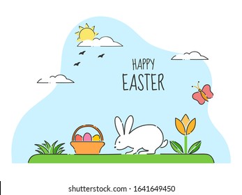 Happy Easter Celebration Concept with Cute Bunny Walking and Egg Basket on Sun Garden View Background.