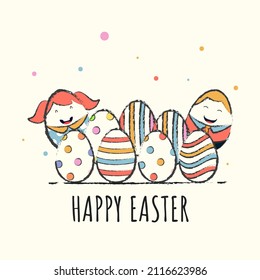 Happy Easter Celebration Concept With Doodle Style Eggs And Cartoon Faces On White Background.