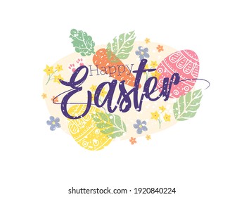 Happy Easter Celebration Concept with Eggs, carrot and Leaves on White Background.