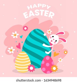 Happy Easter Celebration Concept with Funny Cartoon Bunny, Printed Eggs and Flowers Decorated on Pink Background.