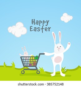 Happy Easter celebration concept with illustration of cute Bunny taking colorful eggs in shopping cart on nature background.