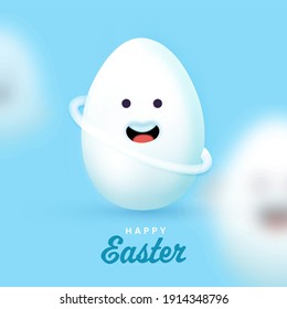 Happy Easter Celebration Concept With White Cartoon Egg On Blue Background.