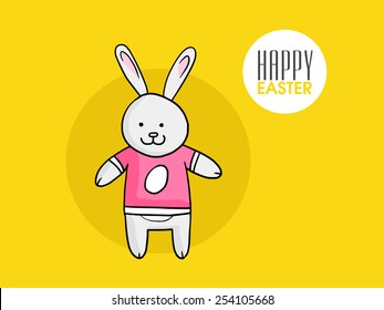 Happy Easter celebration with cute bunny on yellow background.