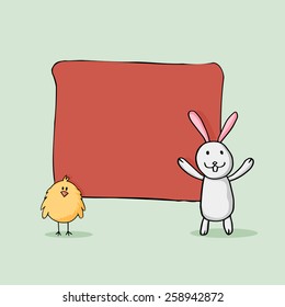 Feliz celebración de Pascua con lindo conejito, polluelo y marco rojo en blanco para sus deseos.