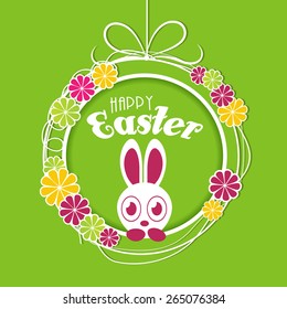 Happy Easter celebration with cute bunny looking out from colorful flowers decorated hanging ball on green background.
