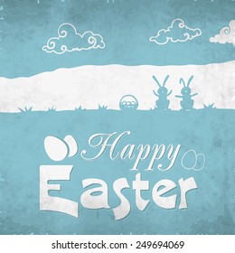 Happy Easter celebration with cute bunny's and eggs on grungy background.