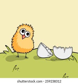 Happy Easter celebration with cute chick and cracked egg on nature background.
