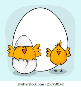 Happy Easter celebration with cute chicks, cracked egg and blank frame for your wishes.