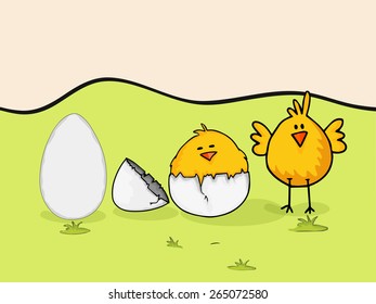Happy Easter celebration with cute chicks and eggs on nature background.
