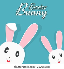 Happy Easter celebration with cute smiling bunnies on blue background.
