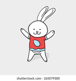 Happy Easter celebration with cute smiling bunny cartoon on grey background.