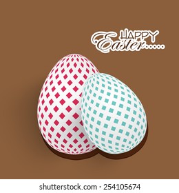 Happy Easter celebration with decorated eggs on brown background.