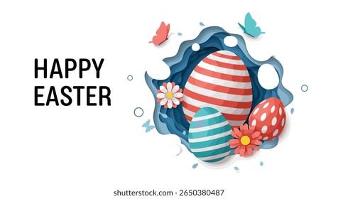 Happy Easter Celebration With Decorated Eggs Butterflies And Flowers Design