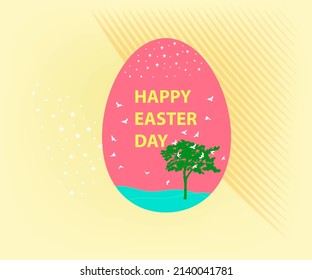 Happy Easter Celebration with egg, tree, bird, star. Poster, banner, card, vector.