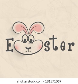 Happy Easter celebration flyer, poster or banner design with stylish text and cute bunny face on grungy brown background. 