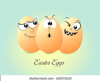 Happy Easter celebration with funny eggs on shiny sky blue background.