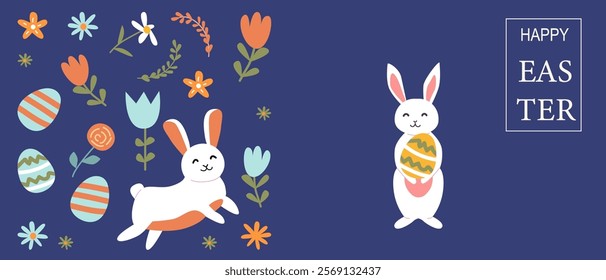 Happy easter celebration with geometric bunny and floral set design.