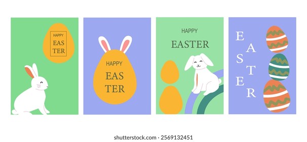 Happy easter celebration with geometric designs and cute bunny illustrations for festive decor.