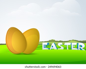 Happy Easter celebration with glossy golden eggs on nature view background.