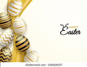 Happy easter celebration. golden, white easter egg on soft background ,light and shadow . Vector.