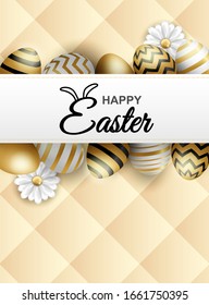 Happy easter celebration. Golden, white easter egg on soft background. light and shadow. Vector. illustration.