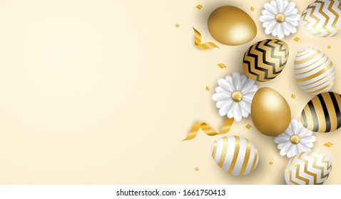 Feliz celebración de Pascua. Huevo dorado y blanco de Pascua sobre fondo suave. luz y sombra. Vector. ilustración.