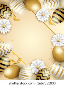 Feliz celebración de Pascua. Huevo dorado y blanco de Pascua sobre fondo suave. luz y sombra. Vector. ilustración.