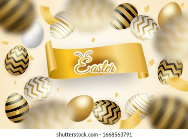 Feliz celebración de Pascua. Huevo dorado y blanco de Pascua sobre fondo suave. luz y sombra. Vector. ilustración.