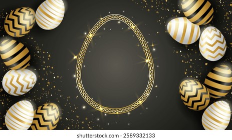 Happy easter celebration. Golden, white and black easter egg on black background. light and shadow. Vector. 