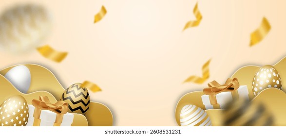 Happy easter celebration. Golden, white and black easter egg and gift box on soft gold background. light and shadow. Vector.